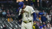 May 13, 2024; Milwaukee, Wisconsin, USA; Milwaukee Brewers pitcher Thyago Vieira (49) walks off the mound during a pitching change in the seventh inning against the Pittsburgh Pirates at American Family Field.