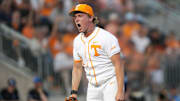 Tennessee pitcher Liam Doyle (12) celebrates striking out a batter during a NCAA baseball game between Tennessee and Kentucky at Lindsey Nelson Stadium in Knoxville, Tenn., on April 18, 2025.