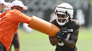 Jul 28, 2025; Berea, OH, USA; Cleveland Browns running back Jerome Ford (34) runs a drill during training camp at CrossCountry Mortgage Campus. Mandatory Credit: Ken Blaze-Imagn Images