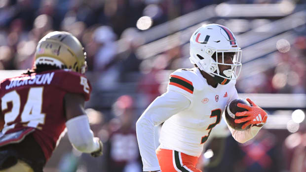 Miami Hurricanes wide receiver Jacolby George (3) runs against the Boston College Eagles during the first half