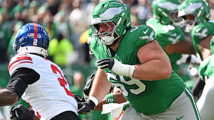 Oct 26, 2025; Philadelphia, Pennsylvania, USA; Philadelphia Eagles guard Landon Dickerson (69) against the New York Giants at Lincoln Financial Field. Mandatory Credit: Eric Hartline-Imagn Images