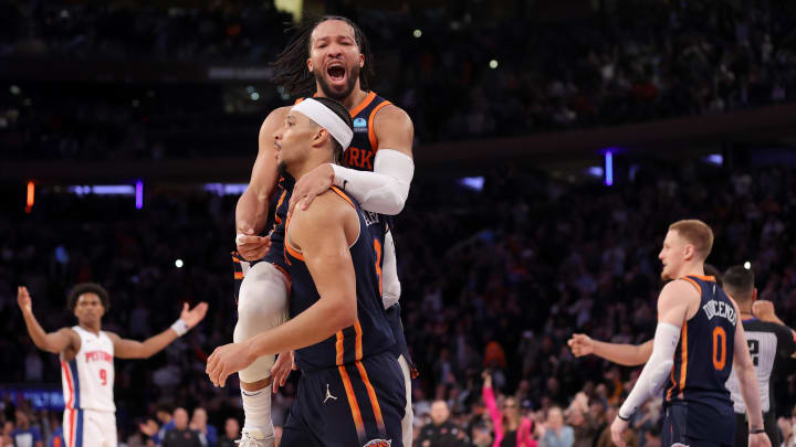 Feb 26, 2024; New York, New York, USA; New York Knicks guard Jalen Brunson (11) celebrates with guard Josh Hart (3) during the fourth quarter against the Detroit Pistons at Madison Square Garden. Mandatory Credit: Brad Penner-USA TODAY Sports