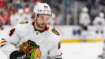 Mar 13, 2025; San Jose, California, USA; Chicago Blackhawks left wing Landon Slaggert (84) warms up before the game against the San Jose Sharks at SAP Center at San Jose. Mandatory Credit: Bob Kupbens-Imagn Images