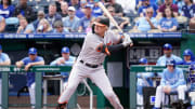 May 4, 2023; Kansas City, Missouri, USA; Baltimore Orioles left fielder Kyle Stowers (28)