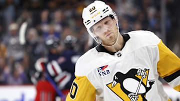 Oct 20, 2024; Winnipeg, Manitoba, CAN; Pittsburgh Penguins center Lars Eller (20) in second period action against the Winnipeg Jets at Canada Life Centre. Mandatory Credit: James Carey Lauder-Imagn Images