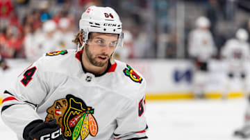 Mar 13, 2025; San Jose, California, USA; Chicago Blackhawks left wing Landon Slaggert (84) warms up before the game against the San Jose Sharks at SAP Center at San Jose. Mandatory Credit: Bob Kupbens-Imagn Images