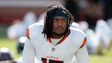 August 9, 2025; Santa Clara, California, USA; Denver Broncos linebacker Nik Bonitto (15) before the game against the San Francisco 49ers at Levi's Stadium.
