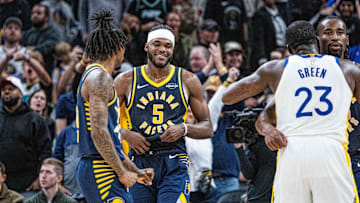 Nov 1, 2025; Indianapolis, Indiana, USA; Indiana Pacers guard Quenton Jackson (29) celebrates a made basket in the second half  against the Golden State Warriors at Gainbridge Fieldhouse. Mandatory Credit: Trevor Ruszkowski-Imagn Images