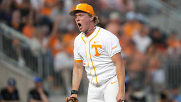 Tennessee pitcher Liam Doyle (12) celebrates striking out a batter during a NCAA baseball game between Tennessee and Kentucky at Lindsey Nelson Stadium in Knoxville, Tenn., on April 18, 2025.