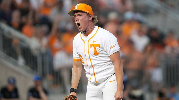 Tennessee pitcher Liam Doyle (12) celebrates striking out a batter during a NCAA baseball game between Tennessee and Kentucky at Lindsey Nelson Stadium in Knoxville, Tenn., on April 18, 2025.
