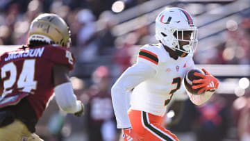 Nov 24, 2023; Chestnut Hill, Massachusetts, USA; Miami Hurricanes wide receiver Jacolby George (3).