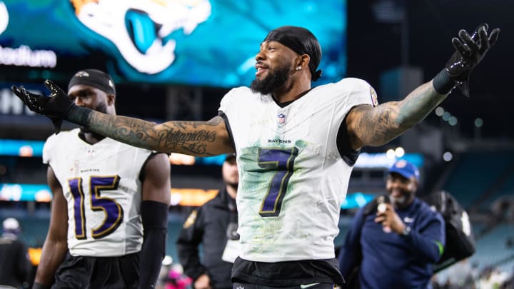 Dec 17, 2023; Jacksonville, Florida, USA; Baltimore Ravens wide receiver Rashod Bateman (7) celebrates after the game against the Jacksonville Jaguars at EverBank Stadium. Mandatory Credit: Jeremy Reper-USA TODAY Sports