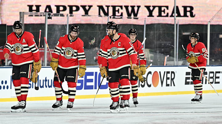 Dec 31, 2024; Chicago, Illinois, USA; The Chicago Blackhawks look on after the Winter Classic against the St. Louis Blues at Wrigley Field. Mandatory Credit: Daniel Bartel-Imagn Images