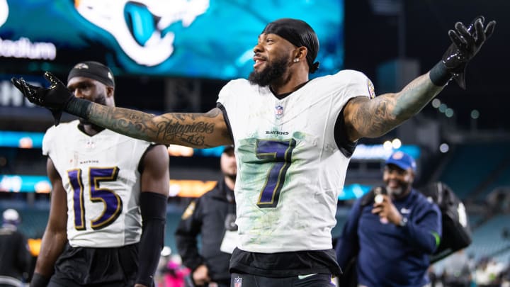 Dec 17, 2023; Jacksonville, Florida, USA; Baltimore Ravens wide receiver Rashod Bateman (7) celebrates after the game against the Jacksonville Jaguars at EverBank Stadium. Mandatory Credit: Jeremy Reper-USA TODAY Sports