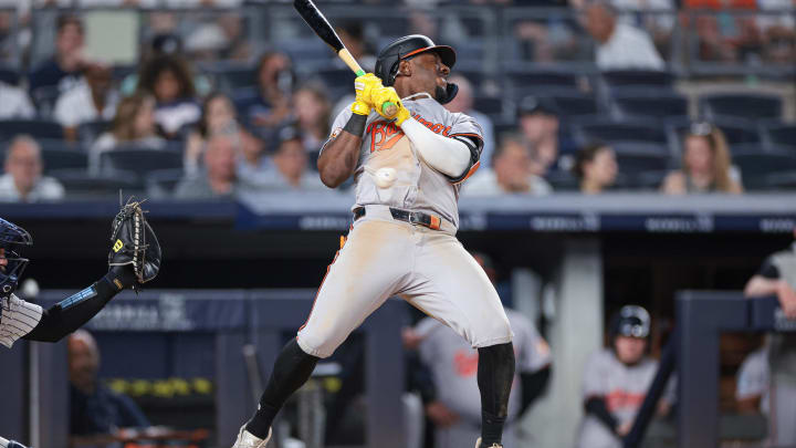 Jun 18, 2024; Bronx, New York, USA; Baltimore Orioles second baseman Jorge Mateo (3) avoids being hit by a pitch.