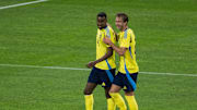 Alexander Isak and Benjamin Nygren of Sweden celebrating the 4-0 goal during the international friendly football match between Sweden and Northern Ireland on March 25, 2025 in Stockholm.