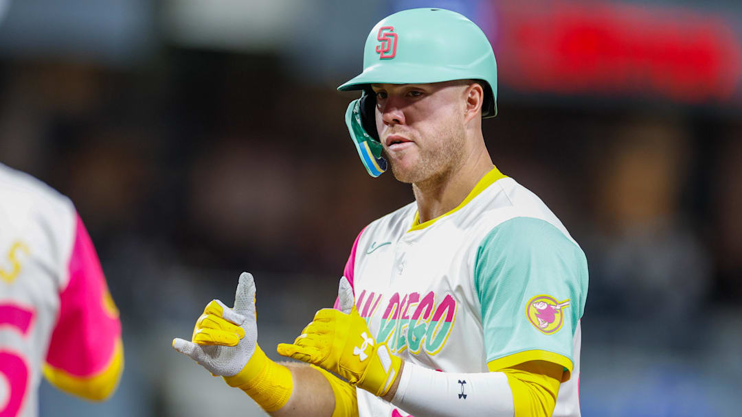 San Diego Padres left fielder Gavin Sheets (30) celebrates after hitting a single.