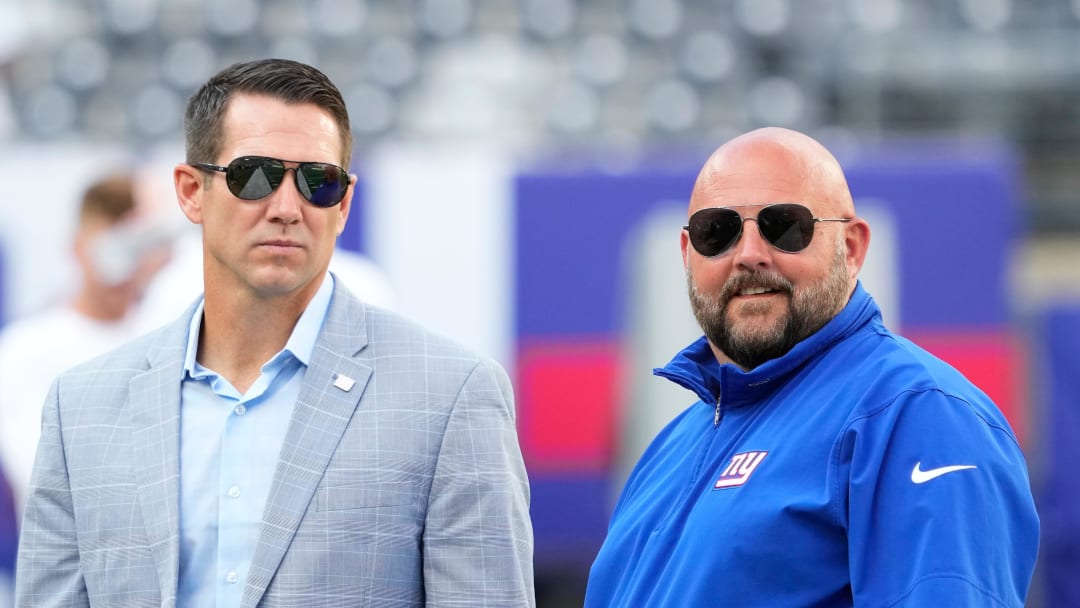 Aug 26, 2023; East Rutherford, New Jersey, USA; New York Giants head coach Brian Daboll (right) and general manager Joe Schoen (left) talk before a game against the New York Jets at MetLife Stadium. Mandatory Credit: Robert Deutsch-USA TODAY Sports