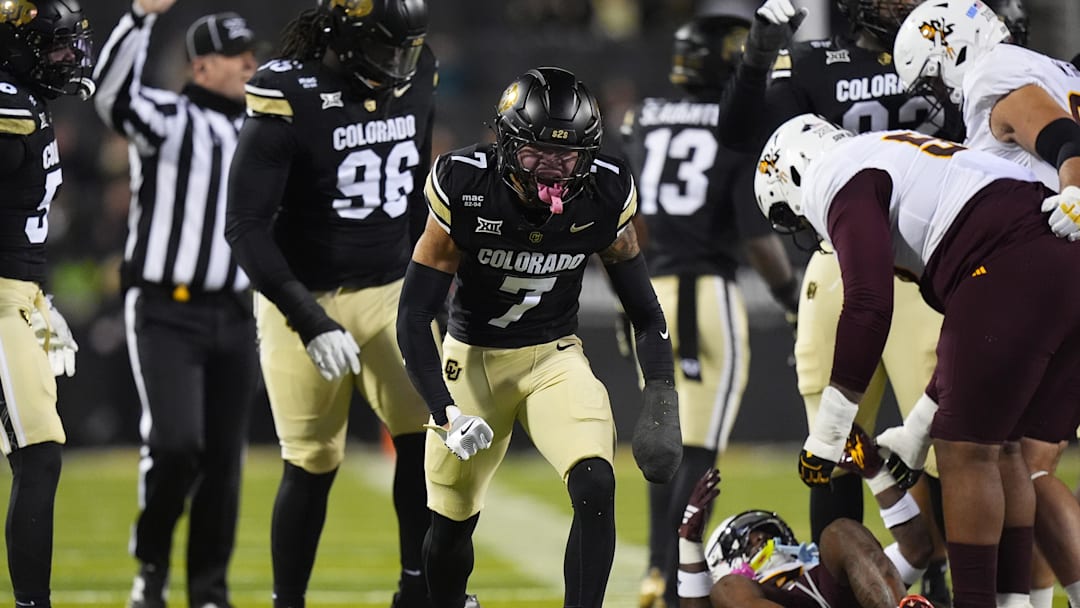 Nov 22, 2025; Boulder, Colorado, USA; Colorado Buffaloes defensive back Tawfiq Byard (7) reacts in the first quarter against the Arizona State Sun Devils at Folsom Field. Mandatory Credit: Ron Chenoy-Imagn Images