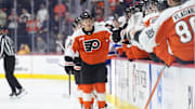 Oct 25, 2025; Philadelphia, Pennsylvania, USA; Philadelphia Flyers center Trevor Zegras (46) celebrates with teammates after scoring a goal against the New York Islanders in the third period at Xfinity Mobile Arena. Mandatory Credit: Kyle Ross-Imagn Images