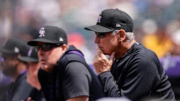 Apr 30, 2025; Denver, Colorado, USA; Colorado Rockies manager Bud Black (10) looks on in the first inning against the Atlanta Braves at Coors Field. Mandatory Credit: Isaiah J. Downing-Imagn Images