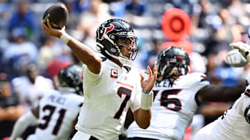 Sep 8, 2024; Indianapolis, Indiana, USA; Houston Texans quarterback C.J. Stroud (7) throws a pass during the second half against the Indianapolis Colts  at Lucas Oil Stadium. Mandatory Credit: Marc Lebryk-Imagn Images