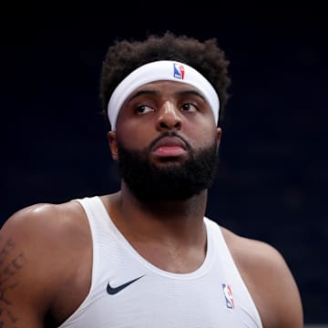 Mar 4, 2025; New York, New York, USA; New York Knicks center Mitchell Robinson (23) after warming up before a game against the Golden State Warriors at Madison Square Garden. Mandatory Credit: Brad Penner-Imagn Images