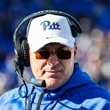 Nov 25, 2023; Durham, North Carolina, USA; Pittsburgh Panthers head coach Pat Narduzzi looks on during the first half of the game against Duke Blue Devils at Wallace Wade Stadium. Mandatory Credit: Jaylynn Nash-Imagn Images