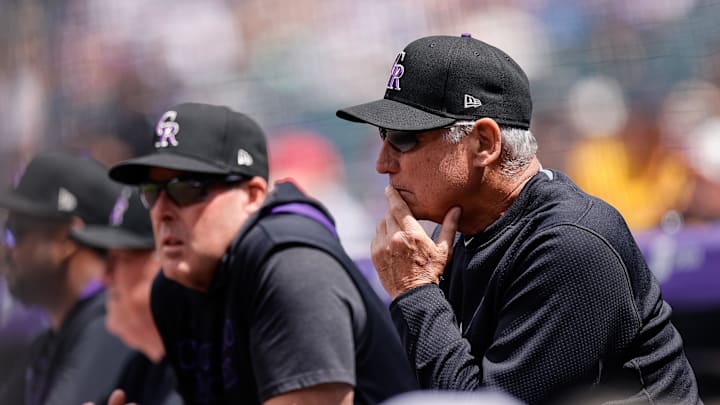 Apr 30, 2025; Denver, Colorado, USA; Colorado Rockies manager Bud Black (10) looks on in the first inning against the Atlanta Braves at Coors Field. Mandatory Credit: Isaiah J. Downing-Imagn Images