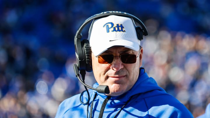 Nov 25, 2023; Durham, North Carolina, USA; Pittsburgh Panthers head coach Pat Narduzzi looks on during the first half of the game against Duke Blue Devils at Wallace Wade Stadium. Mandatory Credit: Jaylynn Nash-USA TODAY Sports