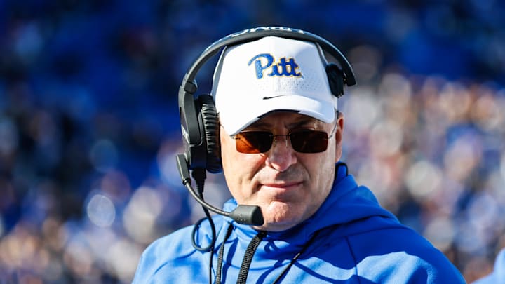 Nov 25, 2023; Durham, North Carolina, USA; Pittsburgh Panthers head coach Pat Narduzzi looks on during the first half of the game against Duke Blue Devils at Wallace Wade Stadium. Mandatory Credit: Jaylynn Nash-Imagn Images