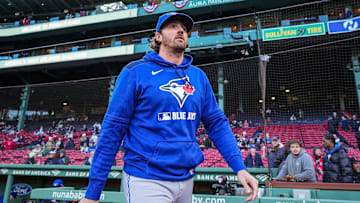 Apr 9, 2025; Boston, Massachusetts, USA; Toronto Blue Jays pitcher Kevin Gausman (34) makes his way to the dugout before the start of the game against the Boston Red Sox at Fenway Park. Mandatory Credit: David Butler II-Imagn Images