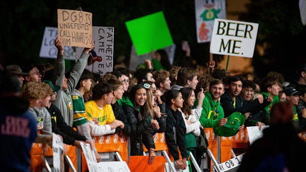Fans pack the barricades during ESPN’s “College GameDay” Saturday, Oct. 12, 2024 on the campus of the University of Oregon in