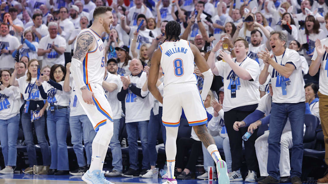 Apr 20, 2025; Oklahoma City, Oklahoma, USA; Oklahoma City Thunder center Isaiah Hartenstein (55) and forward Jalen Williams (8) celebrate against the Memphis Grizzlies during the second quarter in Game 1 of the first round at Paycom Center. Mandatory Credit: Alonzo Adams-Imagn Images
