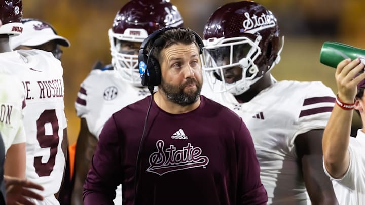 Sep 7, 2024; Tempe, Arizona, USA; Mississippi State Bulldogs defensive coordinator Coleman Hutzler against the Arizona State Sun Devils at Mountain America Stadium. Mandatory Credit: Mark J. Rebilas-Imagn Images Sep 7, 2024; Tempe, Arizona, USA; Mississippi State Bulldogs defensive coordinator Coleman Hutzler against the Arizona State Sun Devils at Mountain America Stadium. Mandatory Credit: Mark J. Rebilas-Imagn Images