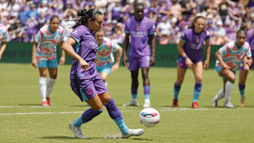 Mar 29, 2025; Orlando, Florida, USA; Orlando Pride forward Marta (10) scores a penalty kick against San Diego Wave FC during the second half at Inter&Co Stadium. Mandatory Credit: Reinhold Matay-Imagn Images