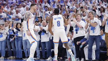 Apr 20, 2025; Oklahoma City, Oklahoma, USA; Oklahoma City Thunder center Isaiah Hartenstein (55) and forward Jalen Williams (8) celebrate against the Memphis Grizzlies during the second quarter at Paycom Center. Mandatory Credit: Alonzo Adams-Imagn Images