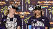 UConn stars Paige Bueckers and Azzi Fudd speak to the media after winning the national championship.