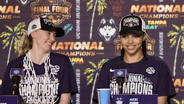 UConn stars Paige Bueckers and Azzi Fudd speak to the media after winning the national championship.