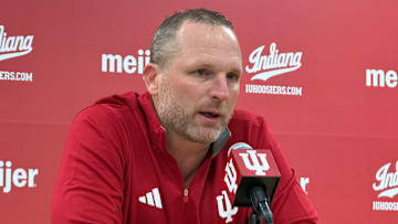 Indiana basketball coach Darian DeVries speaks to reporters Nov. 5, 2025, after beating Alabama A&M 98-51 at Assembly Hall.