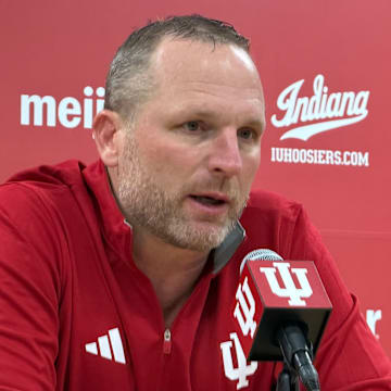 Indiana basketball coach Darian DeVries speaks to reporters Nov. 5, 2025, after beating Alabama A&M 98-51 at Assembly Hall.