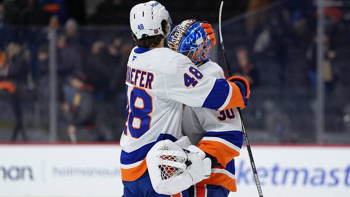 Jan 26, 2026; Philadelphia, Pennsylvania, USA; New York Islanders defenseman Matthew Schaefer (48) reacts with goalie Ilya Sorokin (30) after the game against the Philadelphia Flyers at Xfinity Mobile Arena. Mandatory Credit: Kyle Ross-Imagn Images Jan 26, 2026; Philadelphia, Pennsylvania, USA; New York Islanders defenseman Matthew Schaefer (48) reacts with goalie Ilya Sorokin (30) after the game against the Philadelphia Flyers at Xfinity Mobile Arena. Mandatory Credit: Kyle Ross-Imagn Images