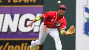 Feb 26, 2024; Goodyear, AZ, USA; Cincinnati Reds right fielder Jose Barrero (2) catches a fly ball in the third inning during a MLB spring training baseball game against the Seattle Mariners, Monday, Feb. 26, 2024, at Goodyear Ballpark in Goodyear, Ariz. Mandatory Credit: Kareem Elgazzar-Imagn Images