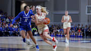 Nebraska women's basketball guard Britt Prince drives against Creighton.