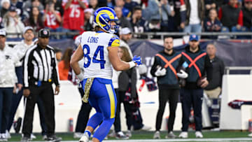 Nov 17, 2024; Foxborough, Massachusetts, USA; Los Angeles Rams tight end Hunter Long (84) lines up against the New England Patriots during the second half at Gillette Stadium. 