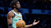 Jan 24, 2025; Charlotte, North Carolina, USA; Charlotte Hornets center Mark Williams (5) reacts after a foul against the Portland Trail Blazers during the third quarter at Spectrum Center. Mandatory Credit: Scott Kinser-Imagn Images