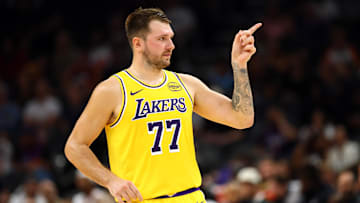 Oct 14, 2025; Phoenix, Arizona, USA; Los Angeles Lakers guard Luka Doncic (77)
