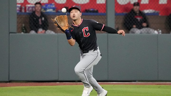 May 4, 2026; Kansas City, Missouri, USA; Cleveland Guardians left fielder Steven Kwan (38) feeds a fly ball against the Kansas City Royals during the sixth inning at Kauffman Stadium. Mandatory Credit: Denny Medley-Imagn Images