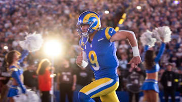 Jan 13, 2025; Glendale, AZ, USA; Los Angeles Rams quarterback Matthew Stafford (9) against the Minnesota Vikings during an NFC wild card game at State Farm Stadium. Mandatory Credit: Mark J. Rebilas-Imagn Images