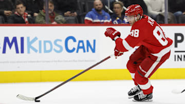 Dec 23, 2024; Detroit, Michigan, USA;  Detroit Red Wings right wing Patrick Kane (88) skates with the puck in the second period against the St. Louis Blues at Little Caesars Arena. Mandatory Credit: Rick Osentoski-Imagn Images